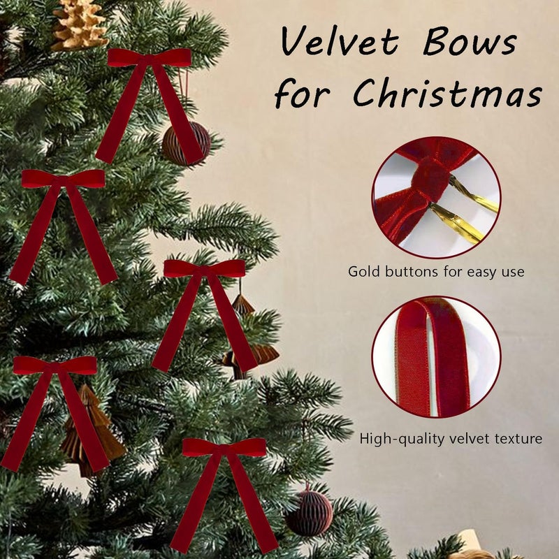 BOVVSKY 12PCS Red Velvet Bows for Christmas Tree, Bows for Christmas Tree, Garland Red Velvet Bow Ornaments for Christmastree with Gold Twist Ties(A) - Image 4